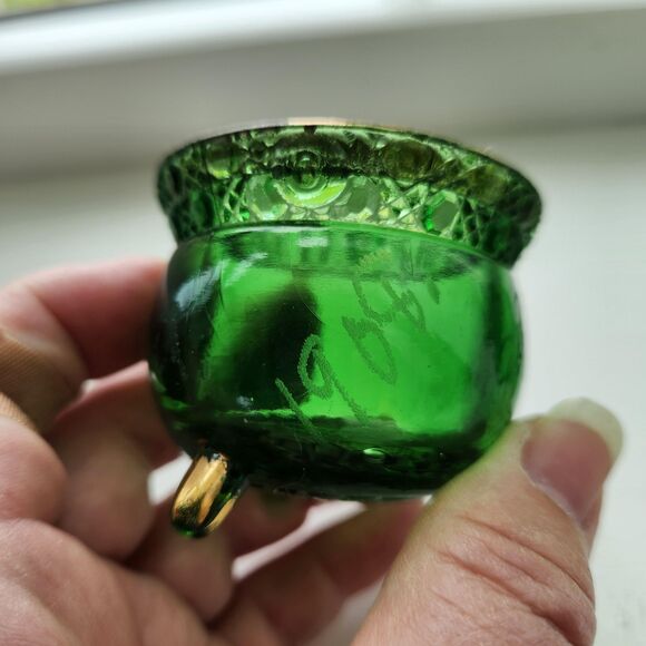 EAPG Cauldron Toothpick Holder Green Glass Colorado Lacy Medallion Set 2 Antique - Picture 4 of 10